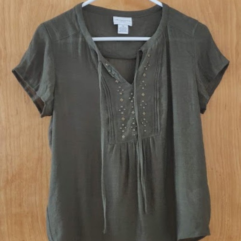 Liz Clairborne Petite Small Olive Green Semi-Sheer Blouse